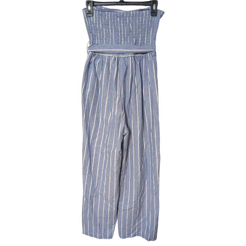 Lulus Sunny Day Classic Blue White Striped Strapless Jumpsuit Linen Blend Small - Picture 5 of 9